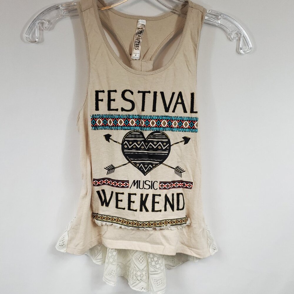 Beautees Adorable Girls Festival Music Weekend Tank Lace Back Tee Sz Medium